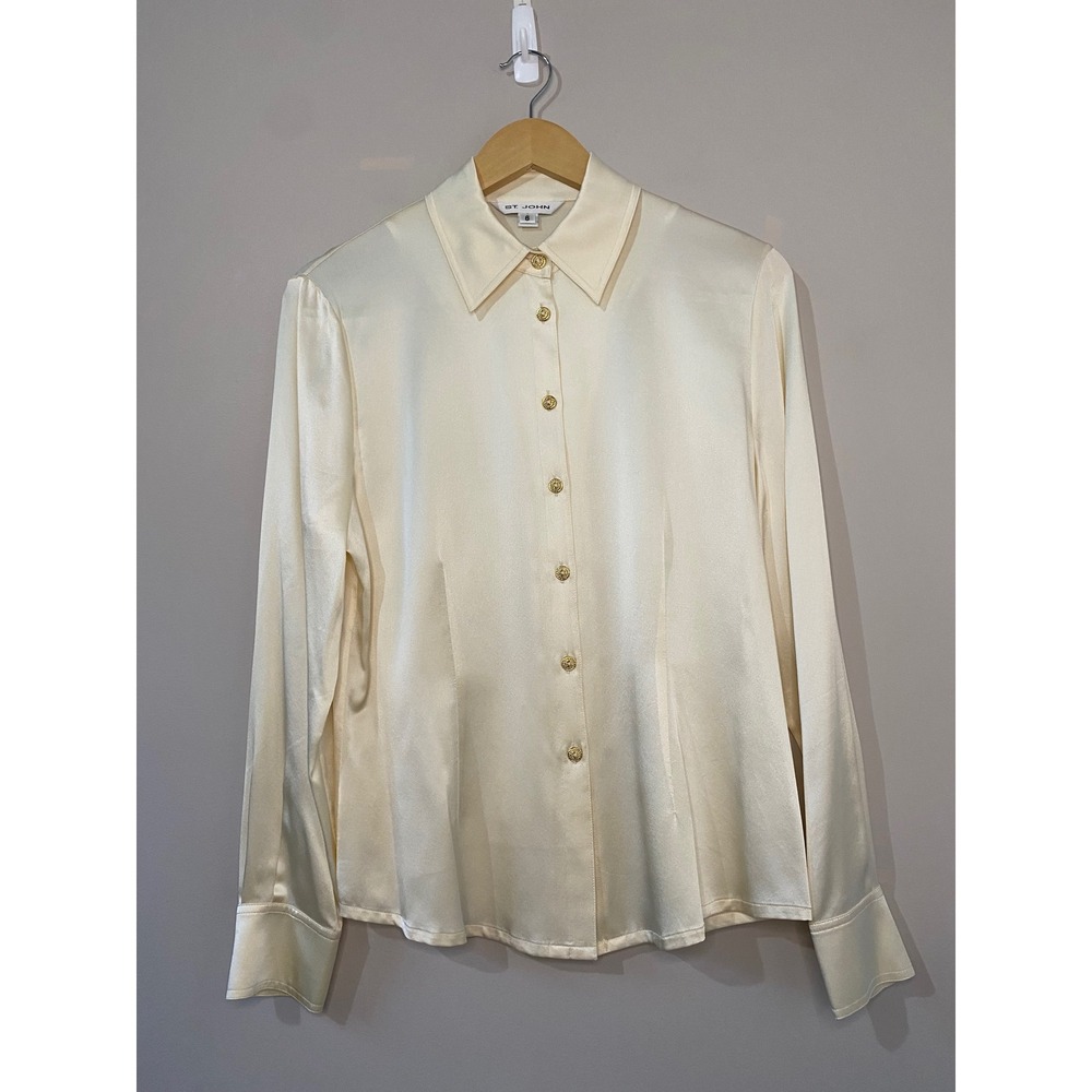 St. John Cream Silk Blend Satin Button Front Blouse Gold Buttons Size 6 EUC